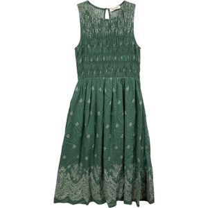 Doe and Rae Sage Green Smocked Floral Embroidered Midi Dress with Pockets Small